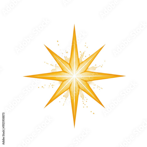 a luminous, hand-painted eight-pointed star of bethlehem in vibrant golden yellow and ochre watercolor washes, isolated on textured off-white paper, minimalist and sacred christmas icon