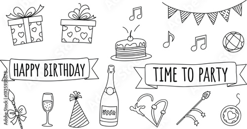 A collection of birthday celebration elements, including gifts, cake, and party decorations viewed from directly above in a festive setting