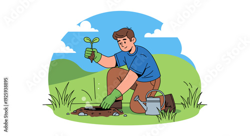 Man Planting a Small Green Sprout.