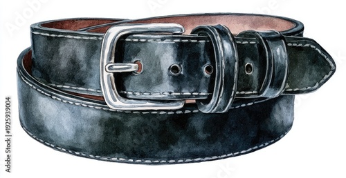 A polished black leather belt with a silver buckle, neatly coiled