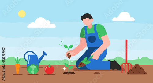 Man Planting Seedling in Garden Soil.