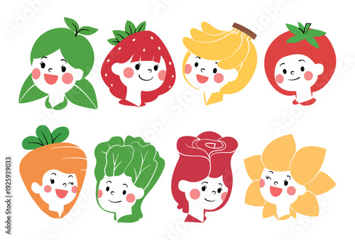 Playful Flat Mascot Logo Icons Featuring Fruit Vegetable And Floral Inspired Girl Head Characters Perfect For Organic Food Brands Fresh Market Packaging Eco Business And Boutique Branding
