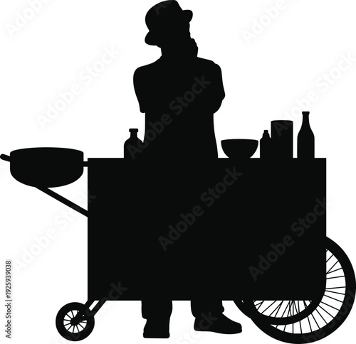 Street food vendor silhouette with mobile cart, woman cooking and selling snacks at outdoor market isolated on white background vector illustration
