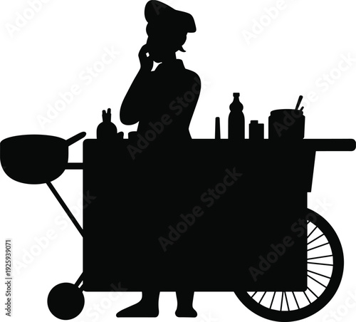 Street food vendor silhouette with cooking cart, woman preparing snacks and drinks at outdoor market isolated on white background vector illustration