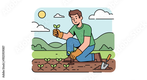 Man Planting Seedlings in Garden Soil.