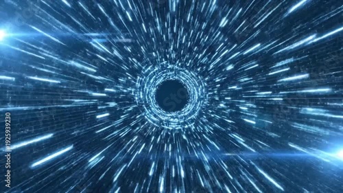 Blue vortex tunnel with glowing streaks radiating from a dark central core