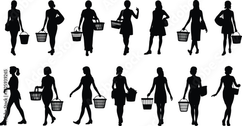 Women shopping basket silhouettes set, female figures carrying grocery and retail baskets, black isolated vector illustration collection for supermarket and lifestyle design