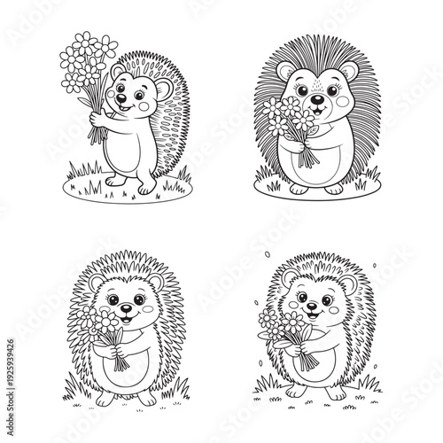 Pretty Spring Coloring Book Cute Hedgehog Holding Flower Bouquet Bold Easy Outline coloring Page