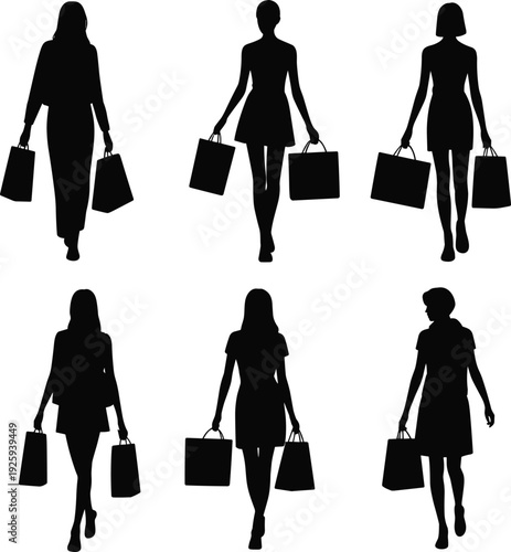 Women shopping silhouettes collection, female shoppers walking with bags in fashion style, black isolated vector illustration set for retail lifestyle concept