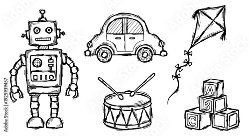 Hand drawn line art toys set featuring a robot, car, kite, drum, and alphabet blocks for kids' design elements