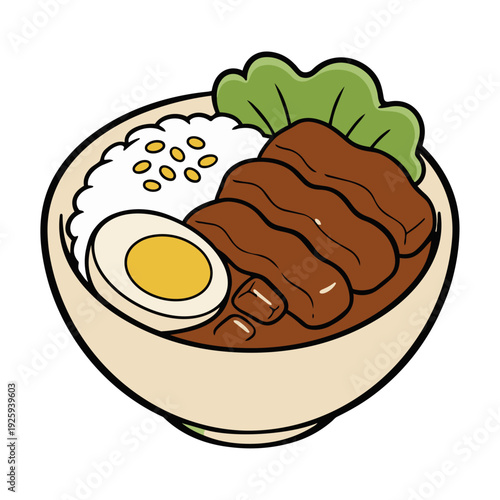 Delicious Asian Braised Meat Rice Bowl with Egg and Vegetables Illustration
