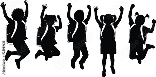 Happy school children jumping silhouette vector illustration, kids celebrating success, education concept design, joyful students with backpacks, childhood happiness, learning and fun art