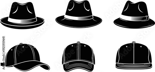 Hat collection illustration featuring fedora and baseball caps, classic headwear styles isolated on white background, minimalist black silhouette vector design
