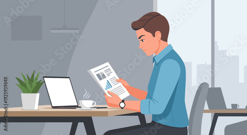 Man Reading Newspaper at Office Desk.