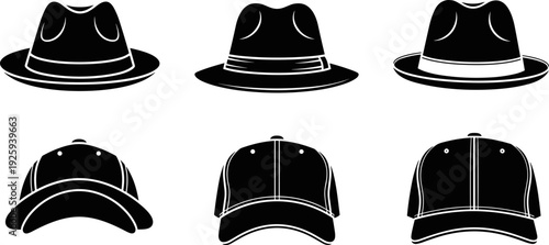 Hat silhouettes vector illustration set, fedora and baseball cap icons collection, stylish headwear designs isolated on white background, minimal fashion accessories