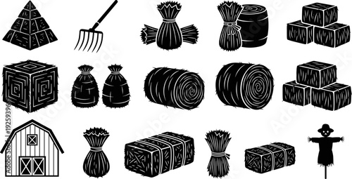 Hay Bale, Scarecrow, Barn and Farming Equipment Black Silhouette Vector Set, Agriculture and Harvest Season Icons, Rustic Farmhouse and Autumn Crop Graphic Elements Illustration.