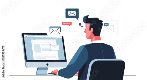 Man Sitting at Computer Sending Emails.