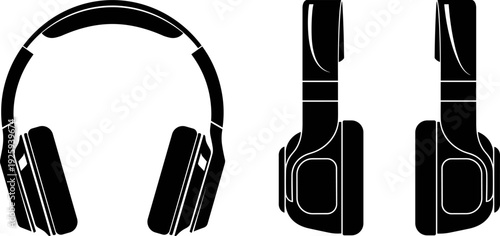 Headphones front and side view vector illustration, black over ear audio headset silhouettes, modern sound equipment design elements for music, studio, technology branding