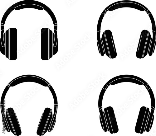 Headphones icon set, black over ear audio listening devices for music, podcast, DJ equipment, sound technology, multimedia UI, vector illustration collection