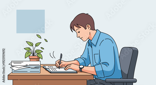 Man Sitting at Desk Writing with Pen.