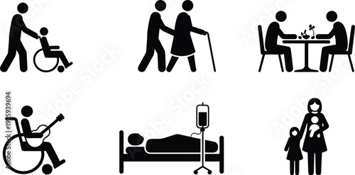Healthcare and family support vector illustration set, disabled person, elderly care, hospital patient, parenting and social assistance concept icons for medical and wellness design