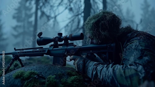 Camouflaged sniper aiming through scope in dense forest during twilight.