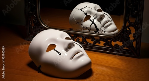 A broken white mask lies on a wooden table next to a mirror reflecting a cracked version of itself, symbolizing shattered identity and deception.