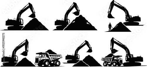 Heavy construction equipment vector silhouette set, excavator digging and loading dump truck, mining machinery, earth moving vehicles, industrial work graphic design isolated.