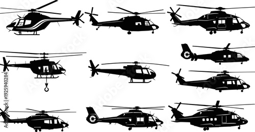 Helicopter Black Silhouette Set, Various Types of Utility, Search and Rescue, and Military Aircraft, Aviation Vector Illustration Collection