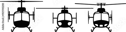 Helicopter Front View Black Silhouette Set, Emergency, Utility, and Light Aircraft, Aviation Transport Vehicle, Isolated Monochrome Vector Illustration Collection