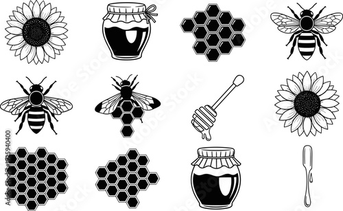 Honey bee and sunflower icons vector collection, beekeeping elements jars honeycomb dippers flowers, black line illustration set for apiculture, nature, organic food design projects