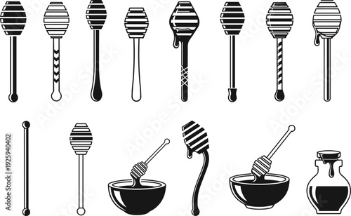 Honey dipper silhouette icon set, black striped wooden honey sticks collection with bowls and jars, beekeeping and kitchen tools, clean flat vector illustration isolated on white background