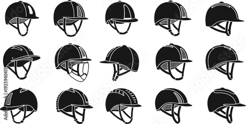 Horse riding helmet silhouettes collection set, black vector illustration of equestrian safety helmets for sport design, riding equipment branding, training graphics, and protective gear projects