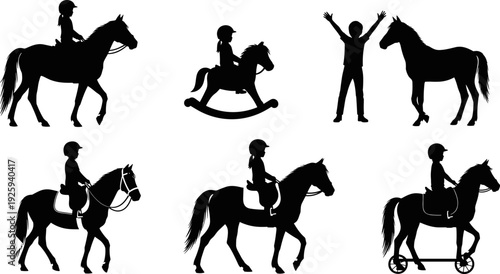 Horse riding silhouette, child on rocking horse, human-horse interaction, equestrian poses, vector icons, black shapes, animal activity, playful horse scenes