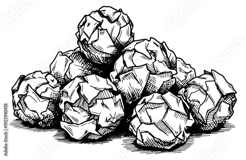 Hand drawn line art set featuring a pile of crumpled paper balls for creative concepts
