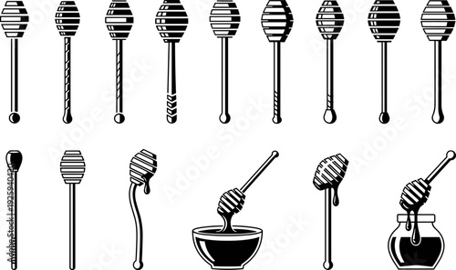 Honey dipper vector set, black silhouette wooden honey sticks and dripping honey icons for food packaging, kitchen design, organic product illustration