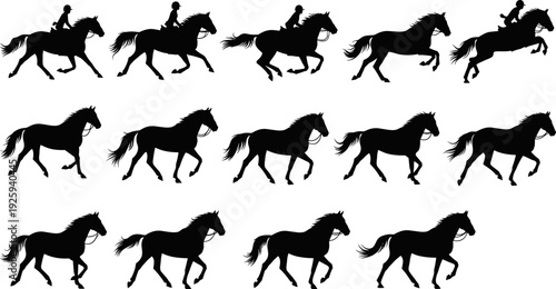 Horse riding silhouette vector set, galloping and jumping equestrian poses illustration, black and white animal collection for sport, ranch, western design
