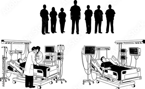 Hospital patient and medical staff silhouettes collection, intensive care ward scenes with doctors, nurses, equipment and people standing figures, black vector illustration isolated on white