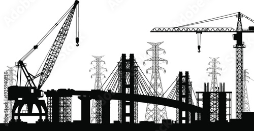 Construction worker silhouettes industrial builders contractors engineers and infrastructure development with heavy cranes bridge construction and power towers for civil engineering projects