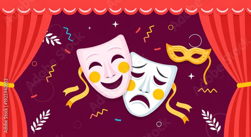 Theatrical Masks Symbolizing Comedy and Tragedy on a Stage with Curtains and Confetti