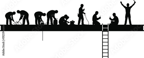 Construction Workers and Welder Silhouettes Working on Steel Beam Structure, Industrial Manual Labor Vector Illustrations for Building and Engineering Projects