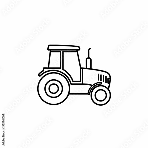 A simple line art illustration of a tractor, isolated against an uncluttered backdrop. The vehicle is depicted from the side, with its essential features. 