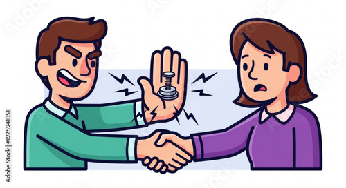 Man and woman shaking hands with one hand holding back a stack of coins symbolizing a business deal or negotiation with a financial twist representing commerce and partnership