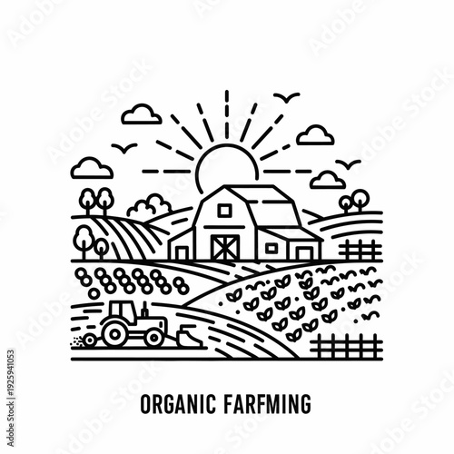 Organic farming illustration featuring a barn, tractor, field, and sun