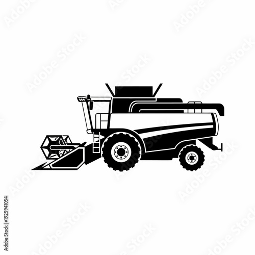 A detailed illustration of a combine harvester, ready for work in a field, captured in monochrome. The robust machine stands out with its intricate design, showcasing agricultural power