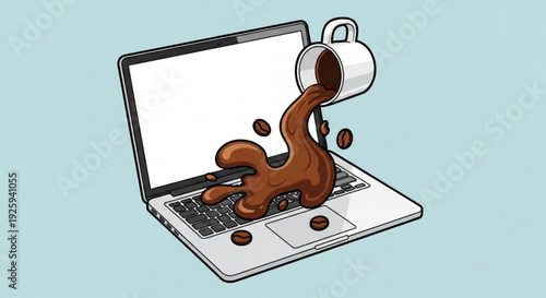 Coffee spills on laptop keyboard causing damage and chaos in a digital workspace
