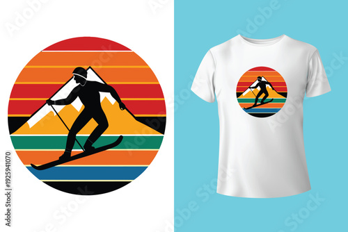 Winter adventures. Vector ski club retro badge. Concept for shirt, print, seal or stamp with skis, ski poles, helmet. Family vacation, activity or travel. For logo design, patches