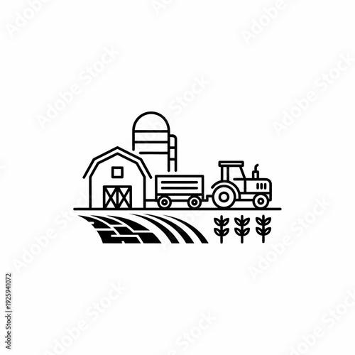 A charming illustration of a farm scene featuring a barn, silo, tractor, and field