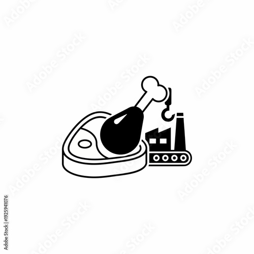 Meat processing plant illustration, featuring a cut of meat and a chicken leg ready for processing. The image depicts the industry of food