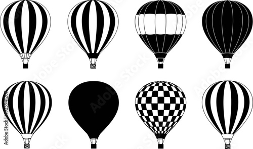 Hot air balloon silhouettes set, vintage and modern flying balloon designs collection, black vector illustration for travel, adventure, festival, transportation graphics
